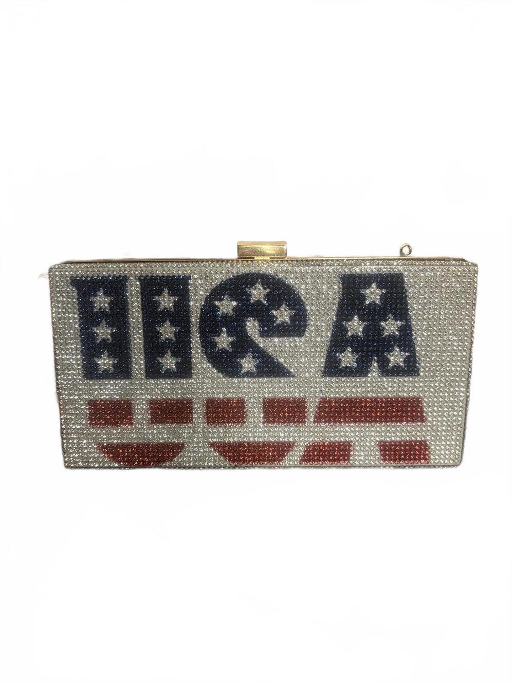 USA Rhinestone Crystal Hard Case Clutch Bag American Flag Purse New